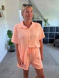 Neon Orange Stripe Cheesecloth Shorts Co Ord