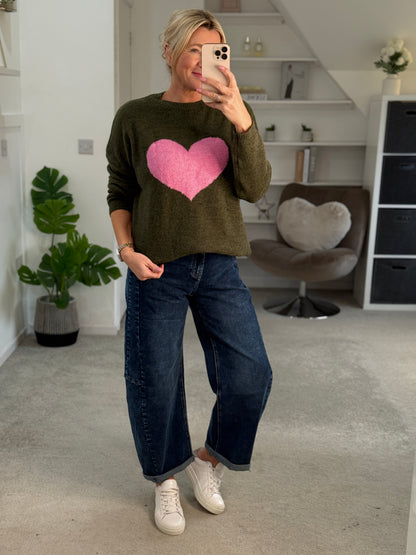 Khaki/Pink Heart Jumper