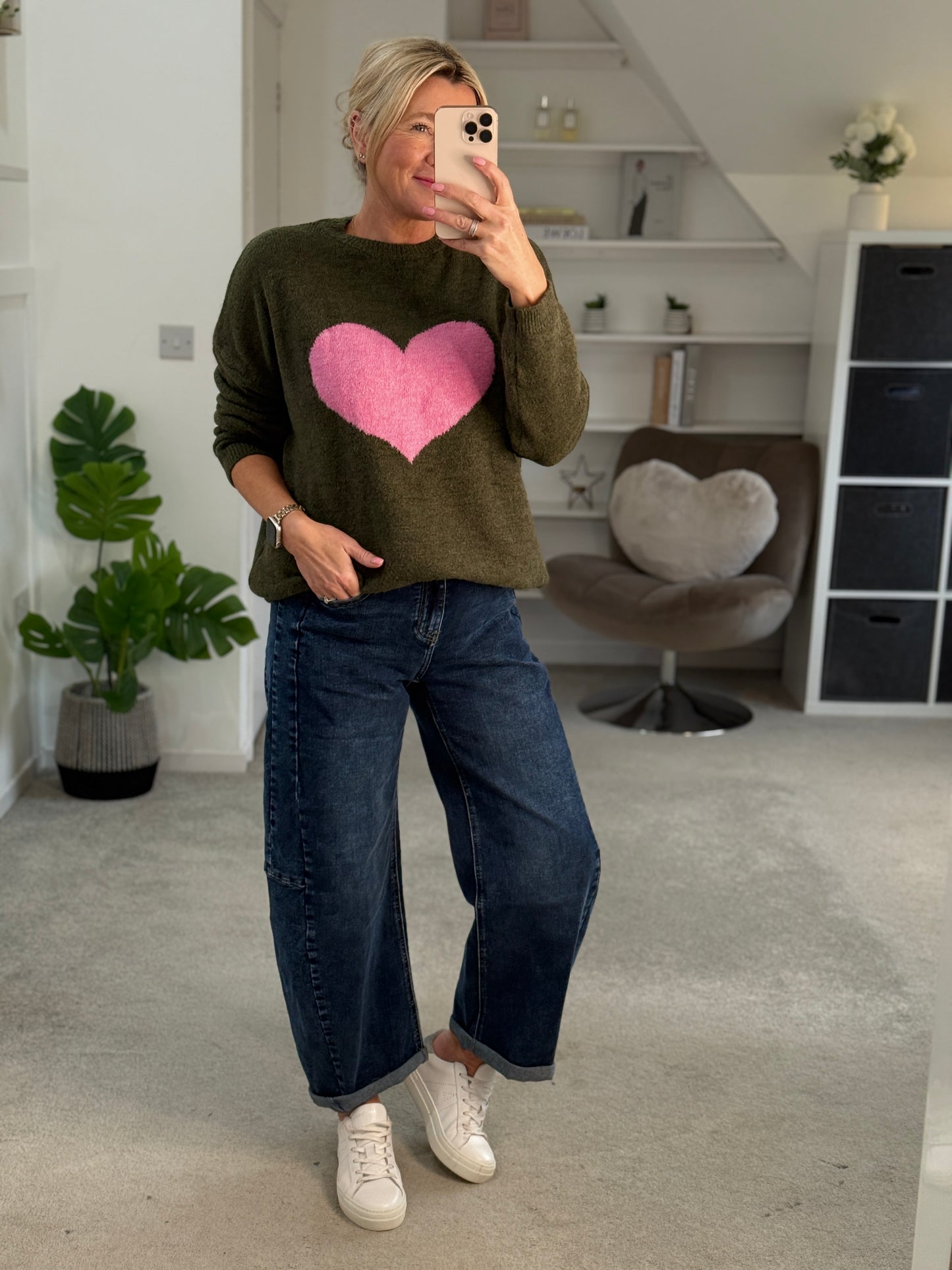 Khaki/Pink Heart Jumper