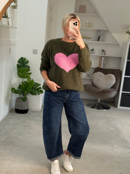 Khaki/Pink Heart Jumper