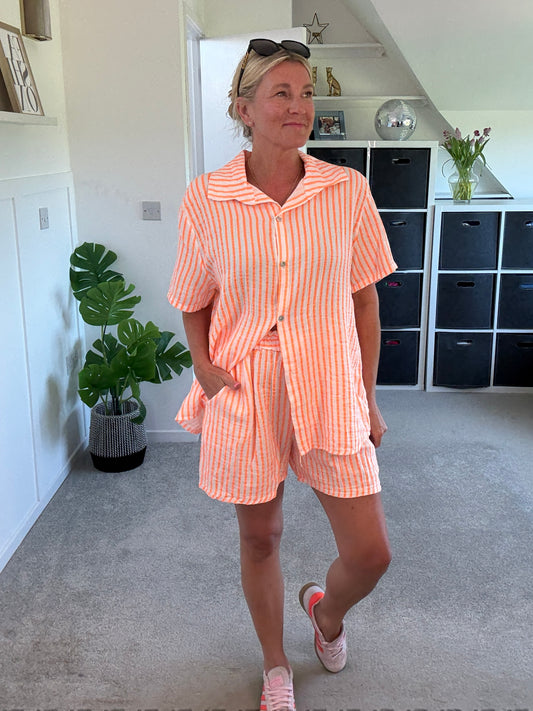 Neon Orange Stripe Cheesecloth Shorts Co Ord