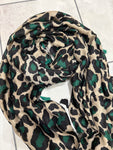 Green Leopard Print Tassel Scarf