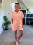 Neon Orange Stripe Cheesecloth Shorts Co Ord