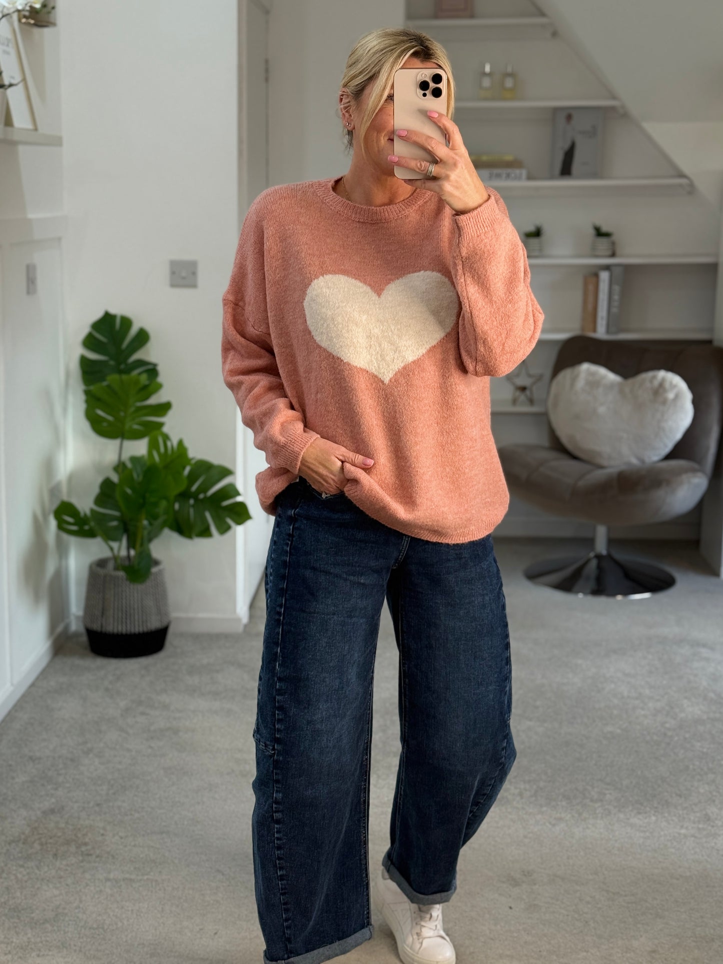 Salmon Pink/Cream Heart Jumper