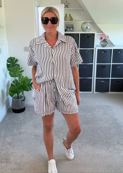 Navy Stripe Cheesecloth Shorts Co Ord