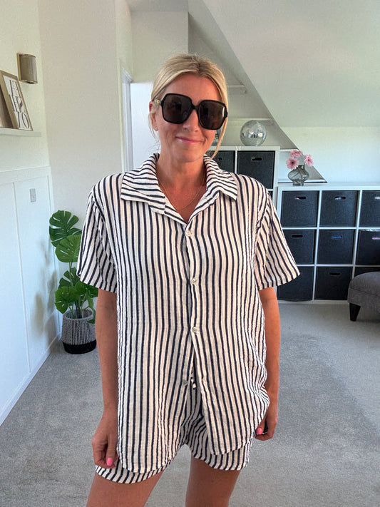 Navy Stripe Cheesecloth Shorts Co Ord