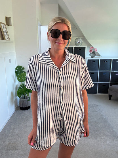Navy Stripe Cheesecloth Shorts Co Ord