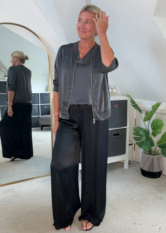 Charcoal Grey Silk Mix 1/2 Sleeve Bomber Jacket