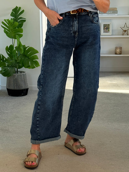 Dark Denim Barrel Leg Panel Jeans
