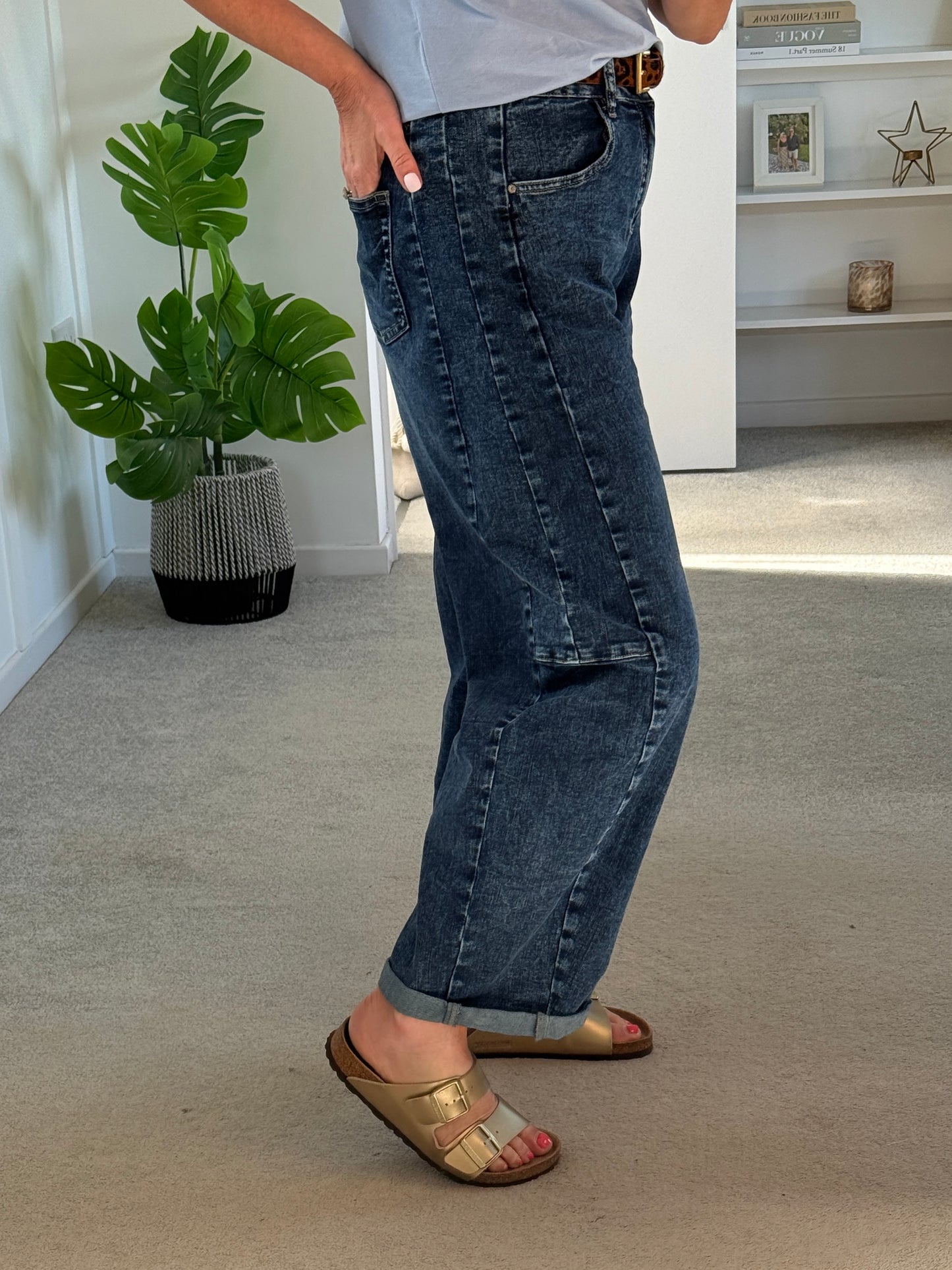 Dark Denim Barrel Leg Panel Jeans