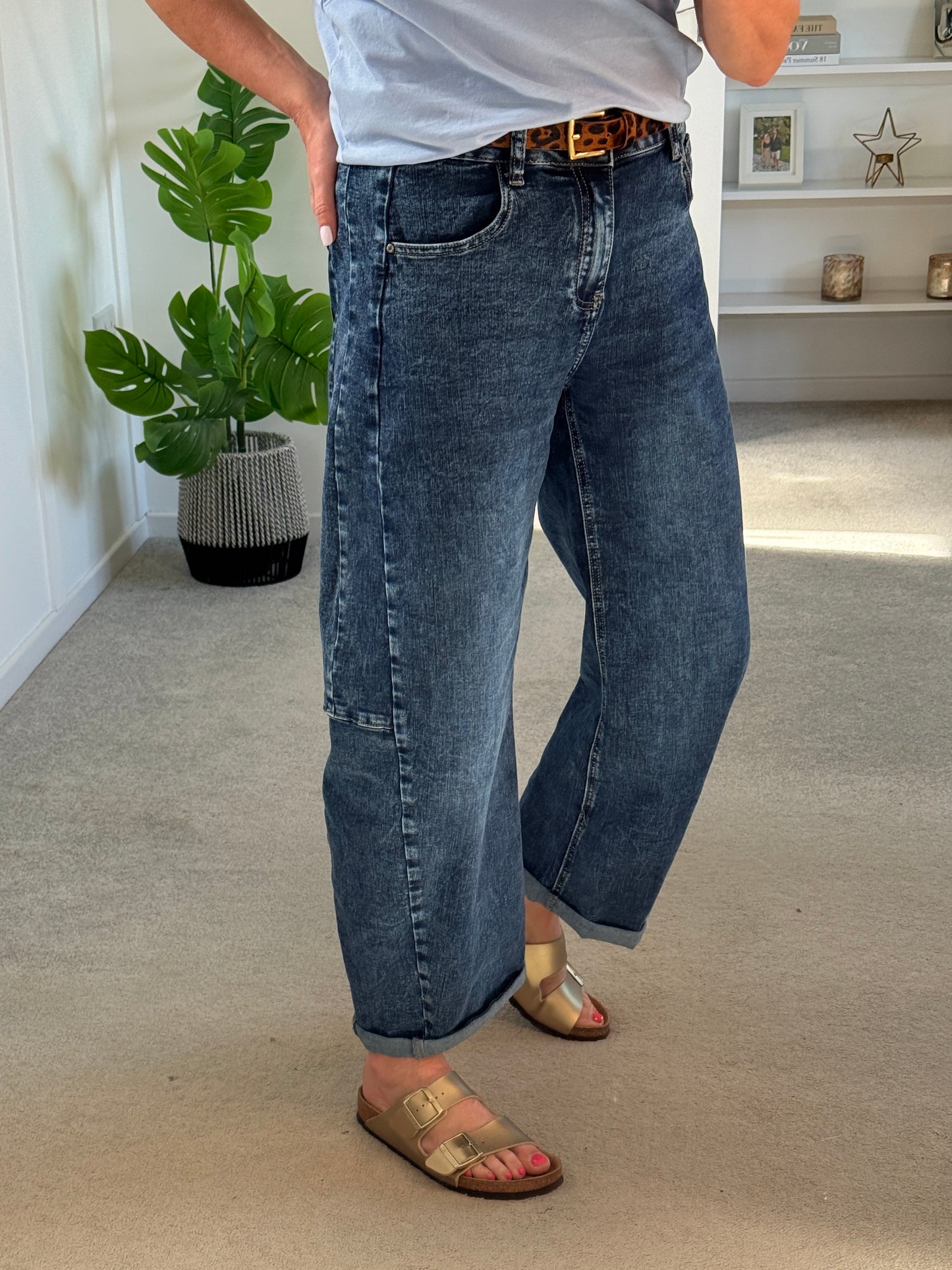 Dark Denim Barrel Leg Panel Jeans