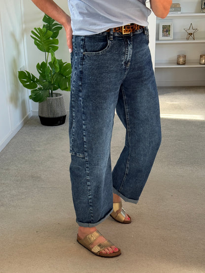 Dark Denim Barrel Leg Panel Jeans
