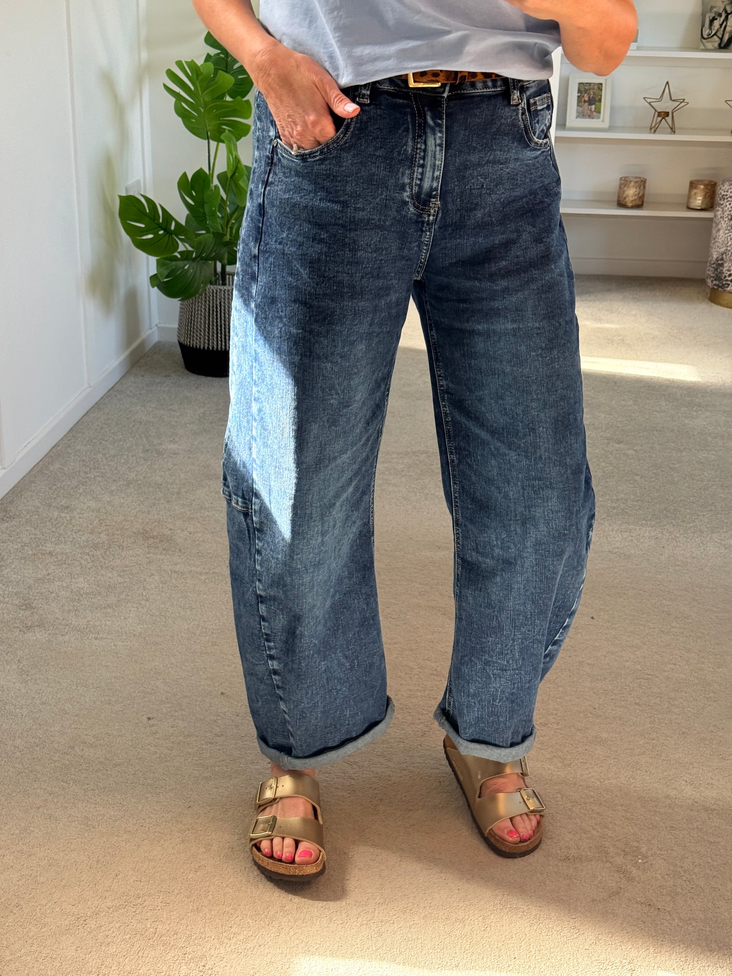 Dark Denim Barrel Leg Panel Jeans