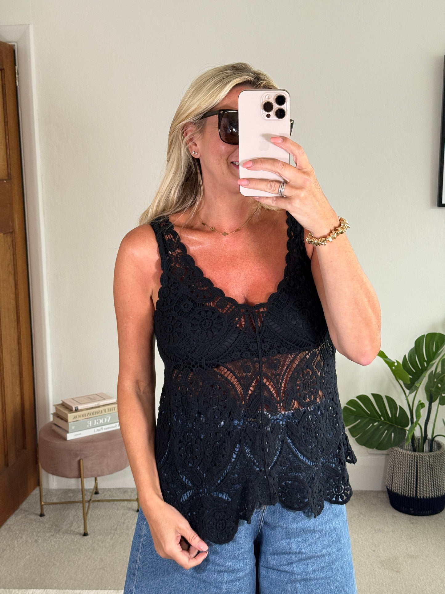 Black Cotton Crochet V-Neck Vest Top