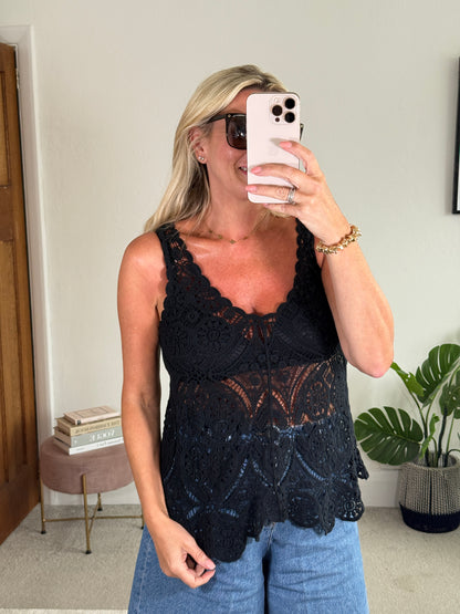 Black Cotton Crochet V-Neck Vest Top