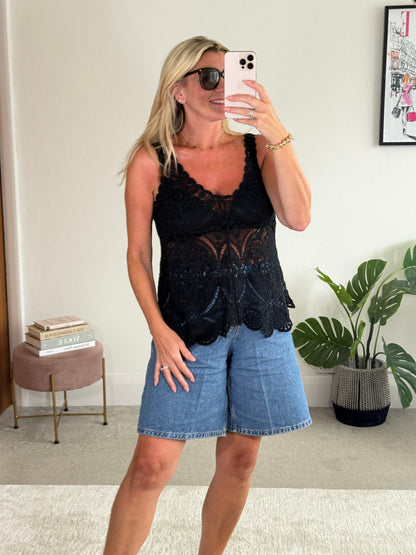 Black Cotton Crochet V-Neck Vest Top