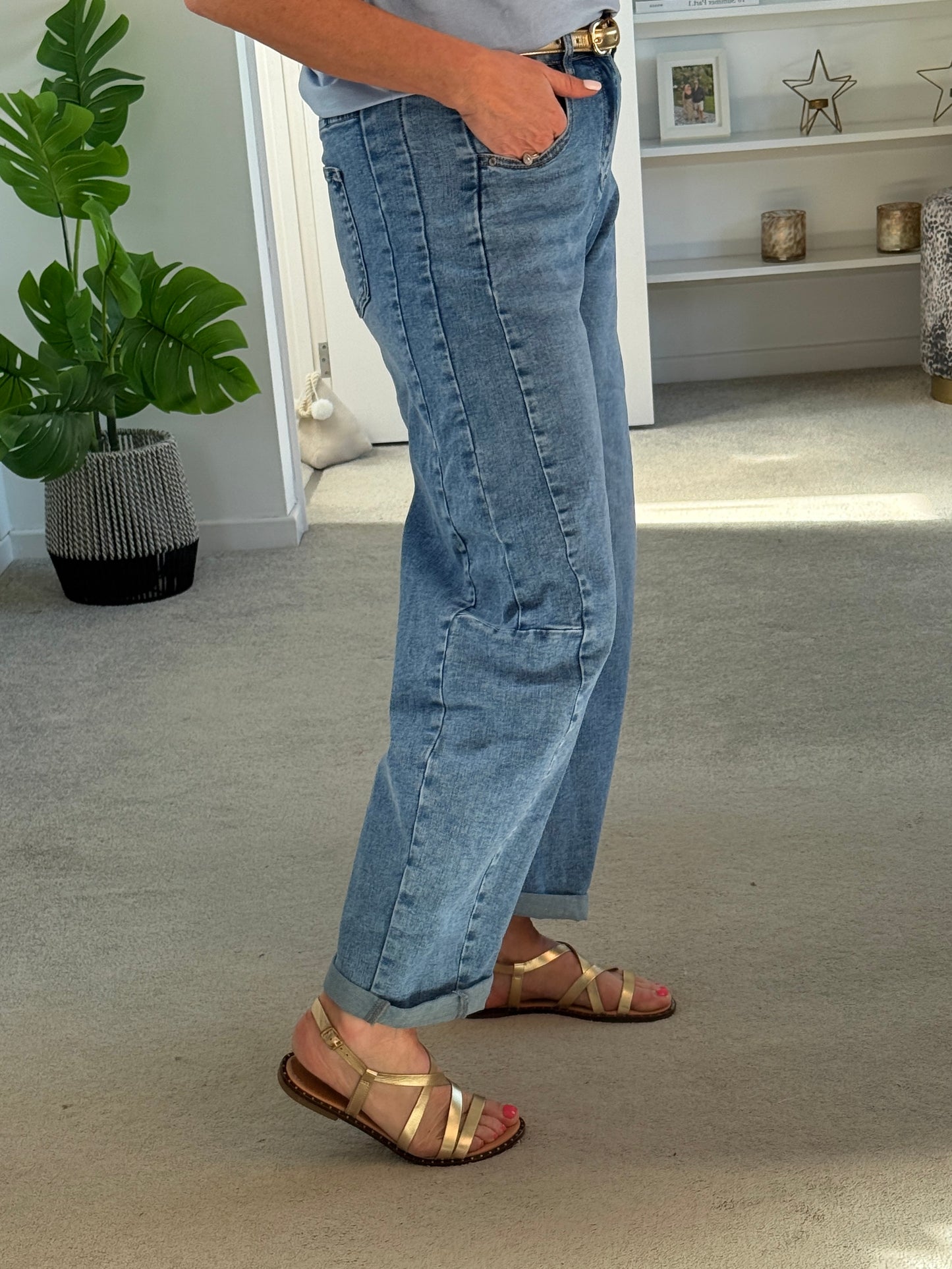 Light Denim Barrel Leg Panel Jeans