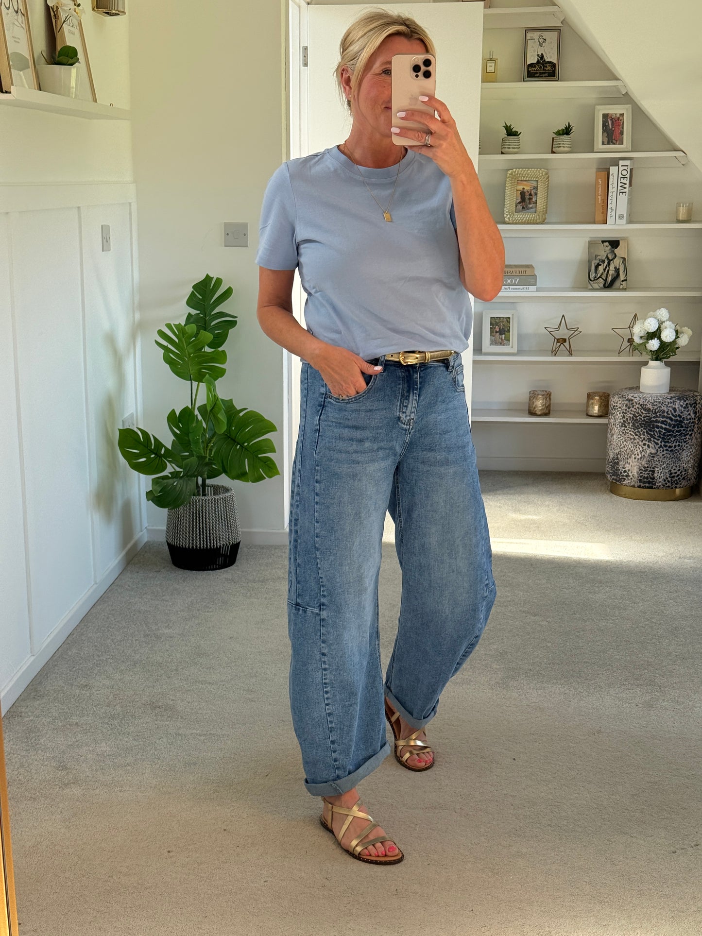 Light Denim Barrel Leg Panel Jeans