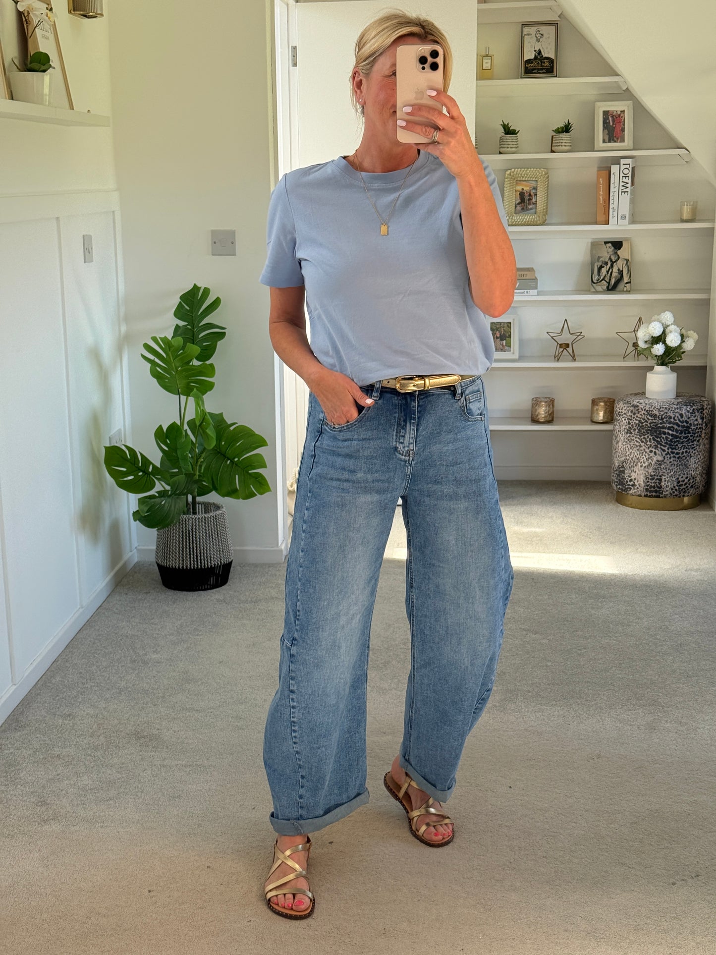 Light Denim Barrel Leg Panel Jeans