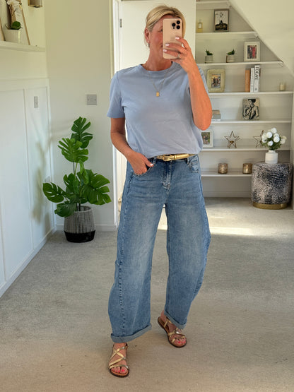Light Denim Barrel Leg Panel Jeans
