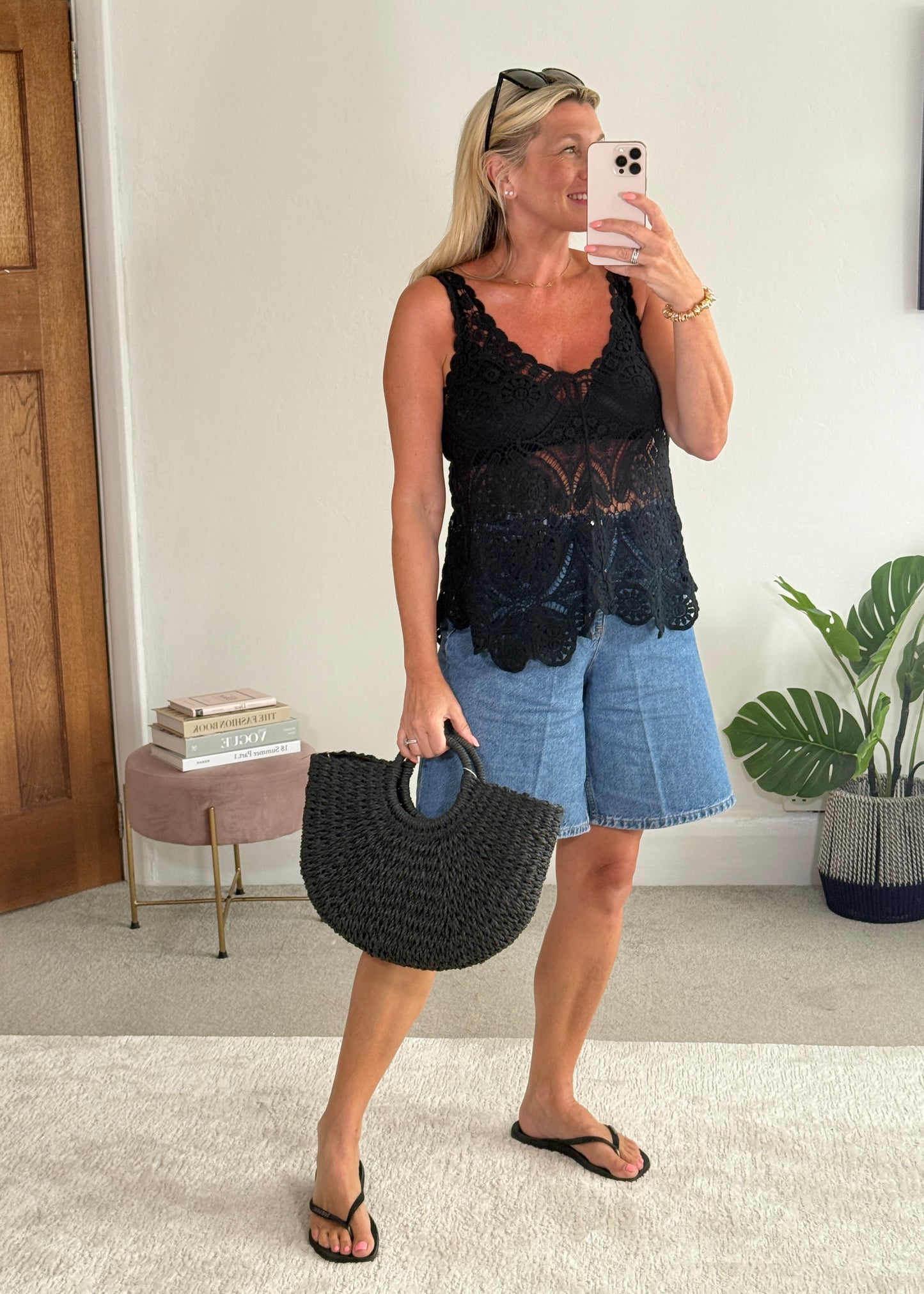 Black Cotton Crochet V-Neck Vest Top