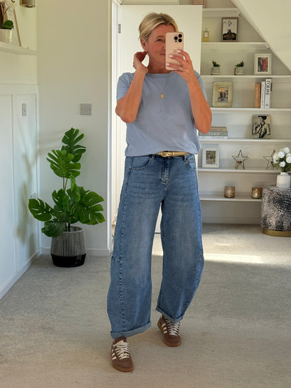 Light Denim Barrel Leg Panel Jeans