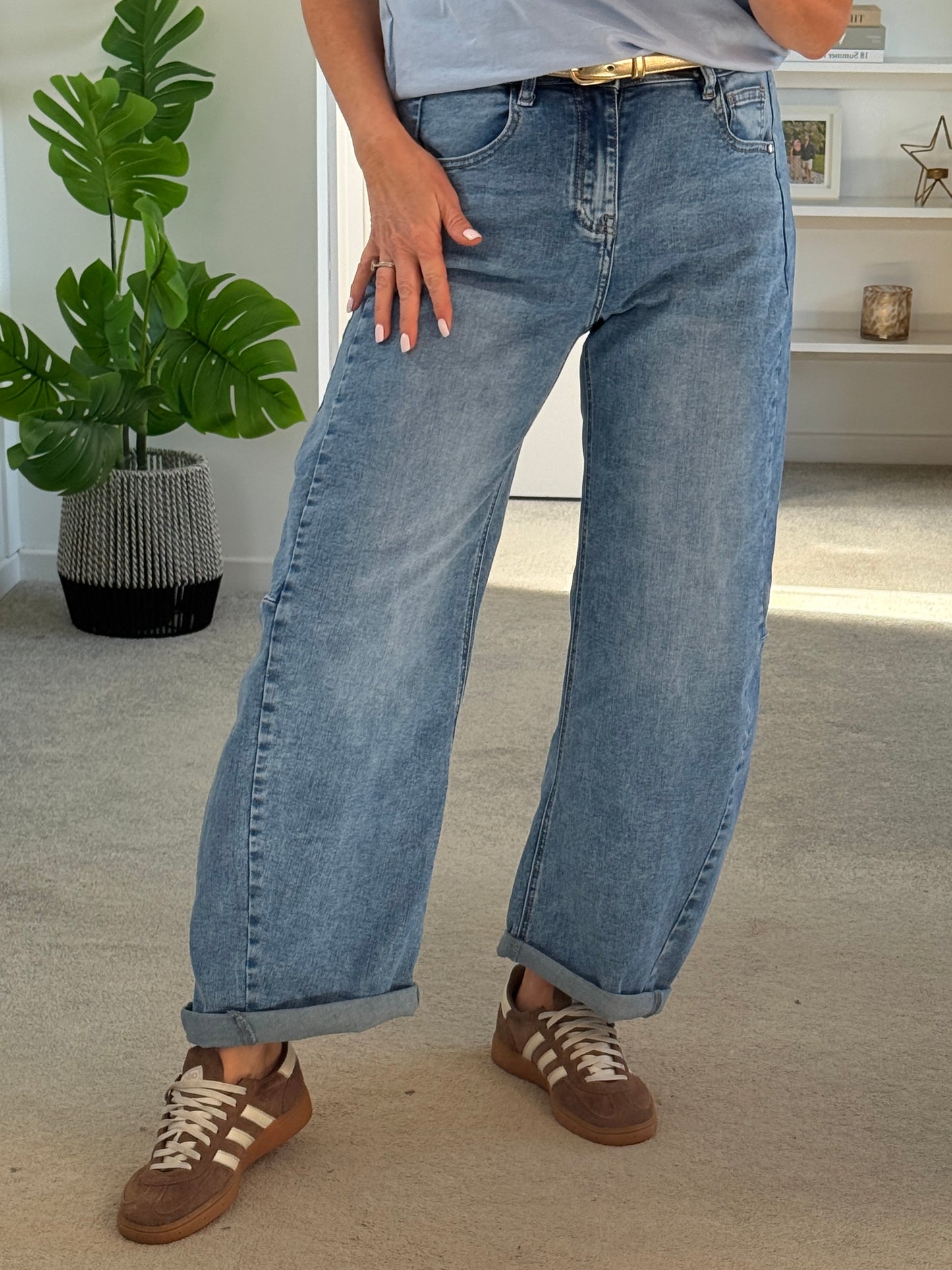 Light Denim Barrel Leg Panel Jeans