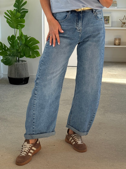 Light Denim Barrel Leg Panel Jeans