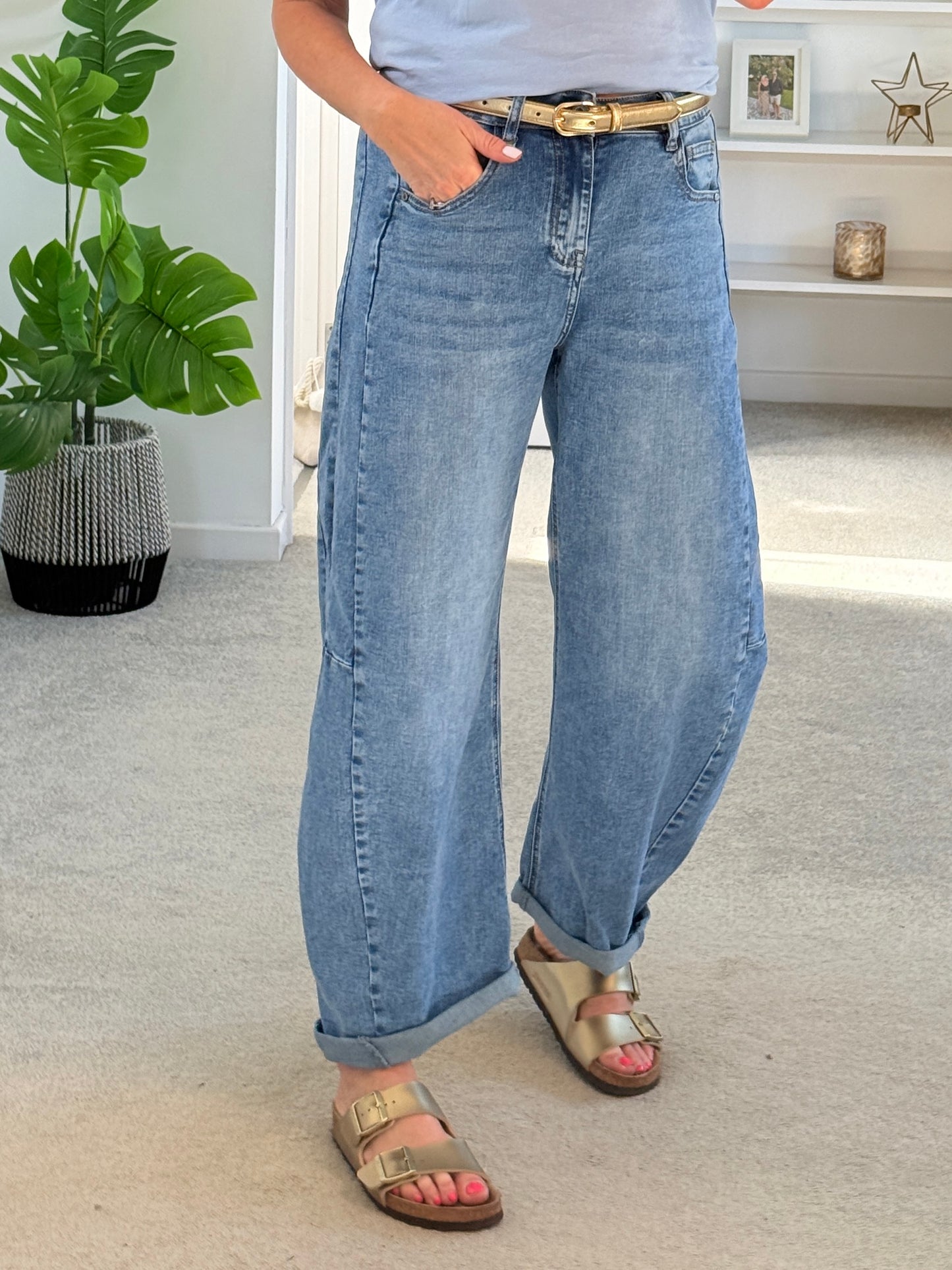 Light Denim Barrel Leg Panel Jeans