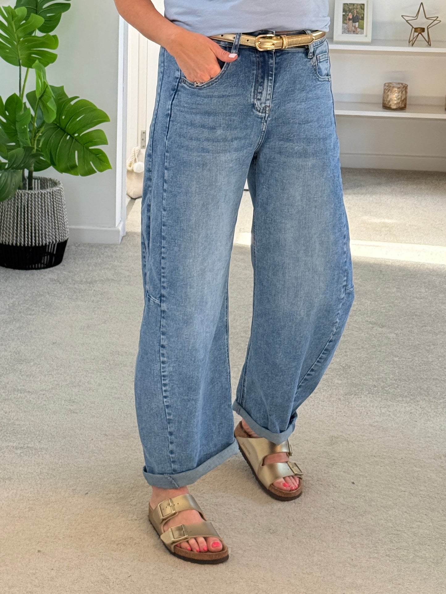 Light Denim Barrel Leg Panel Jeans