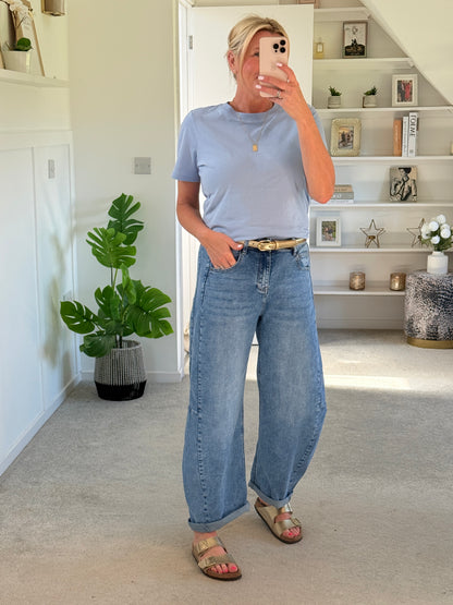 Light Denim Barrel Leg Panel Jeans