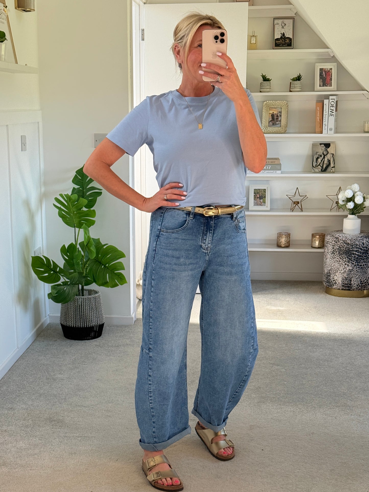 Light Denim Barrel Leg Panel Jeans