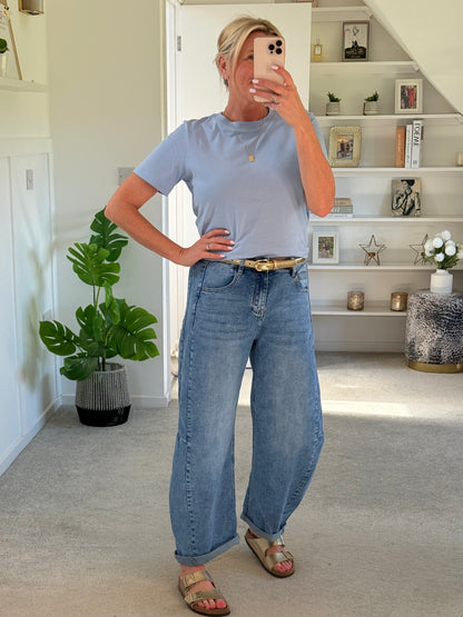 Light Denim Barrel Leg Panel Jeans
