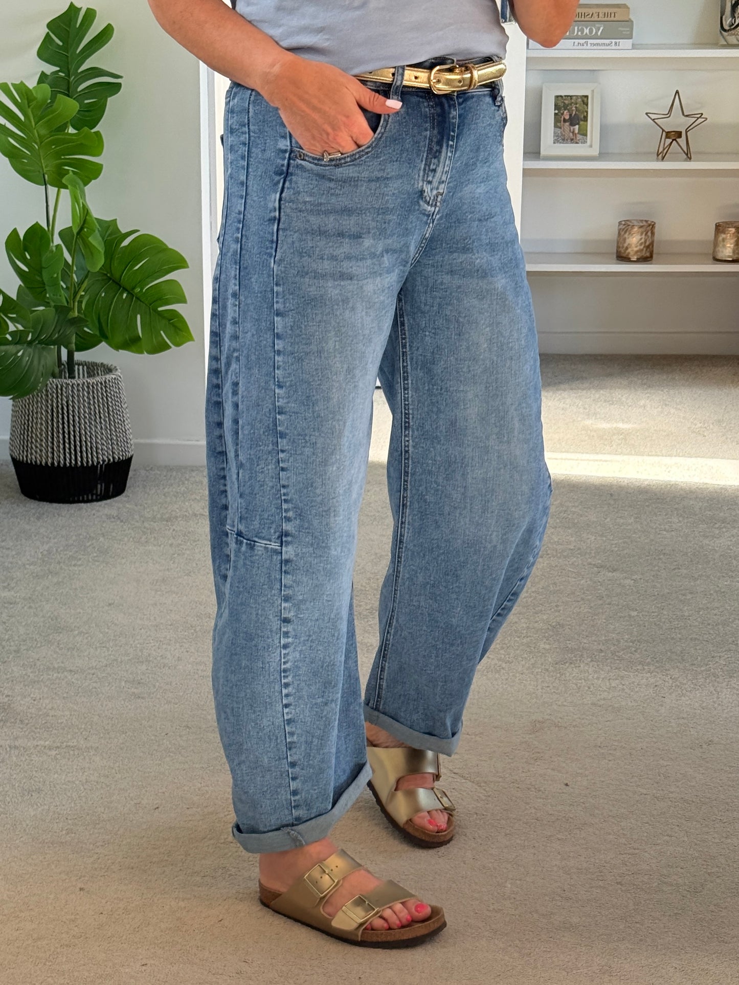 Light Denim Barrel Leg Panel Jeans