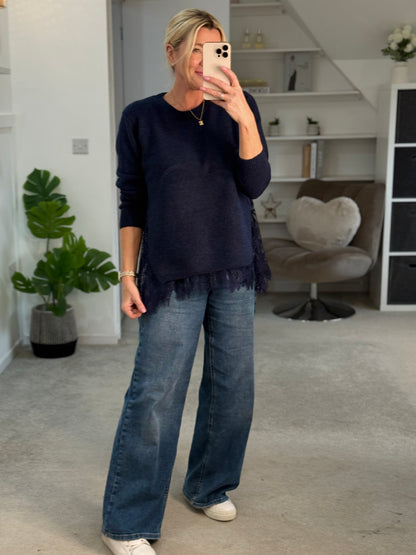Navy Lace Hem Jumper