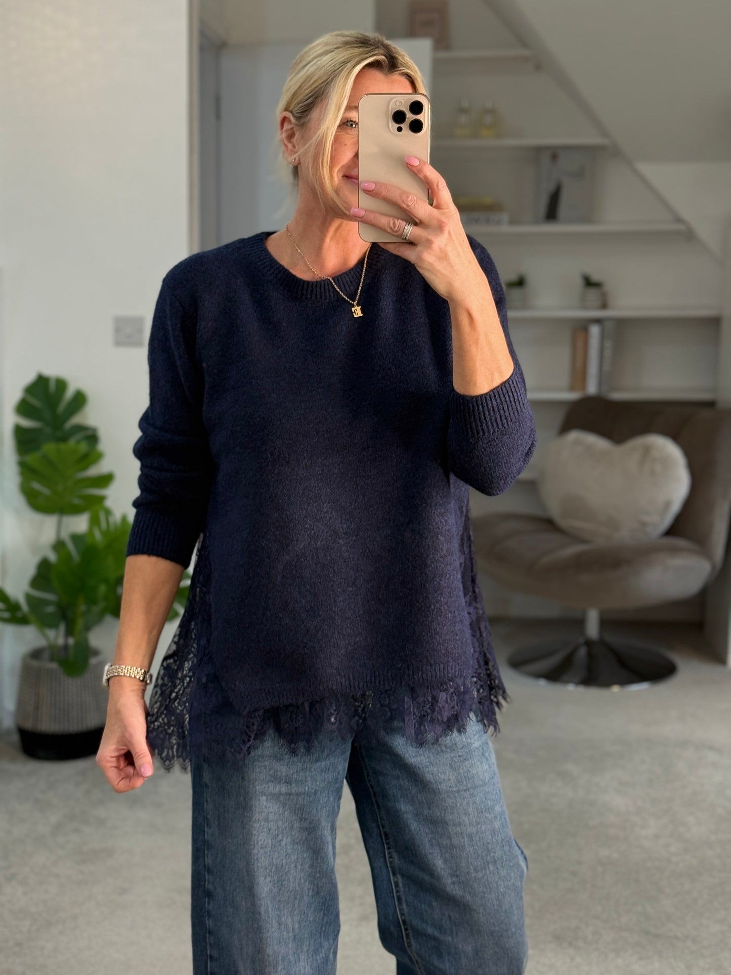 Navy Lace Hem Jumper