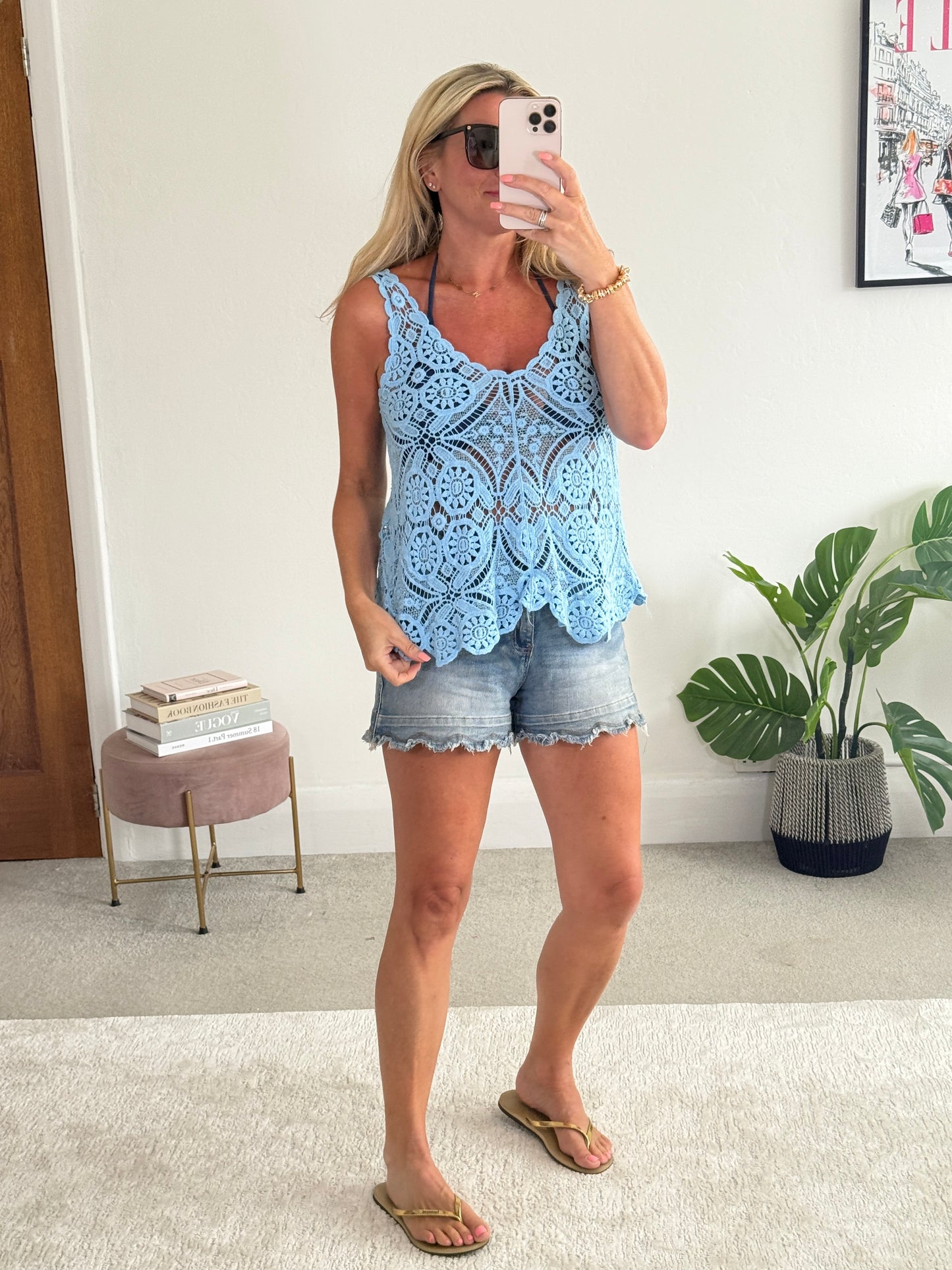 Sky Blue Cotton Crochet V-Neck Vest Top