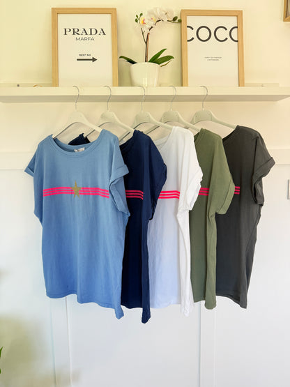 Khaki With Pink Stripe & Star T Shirt