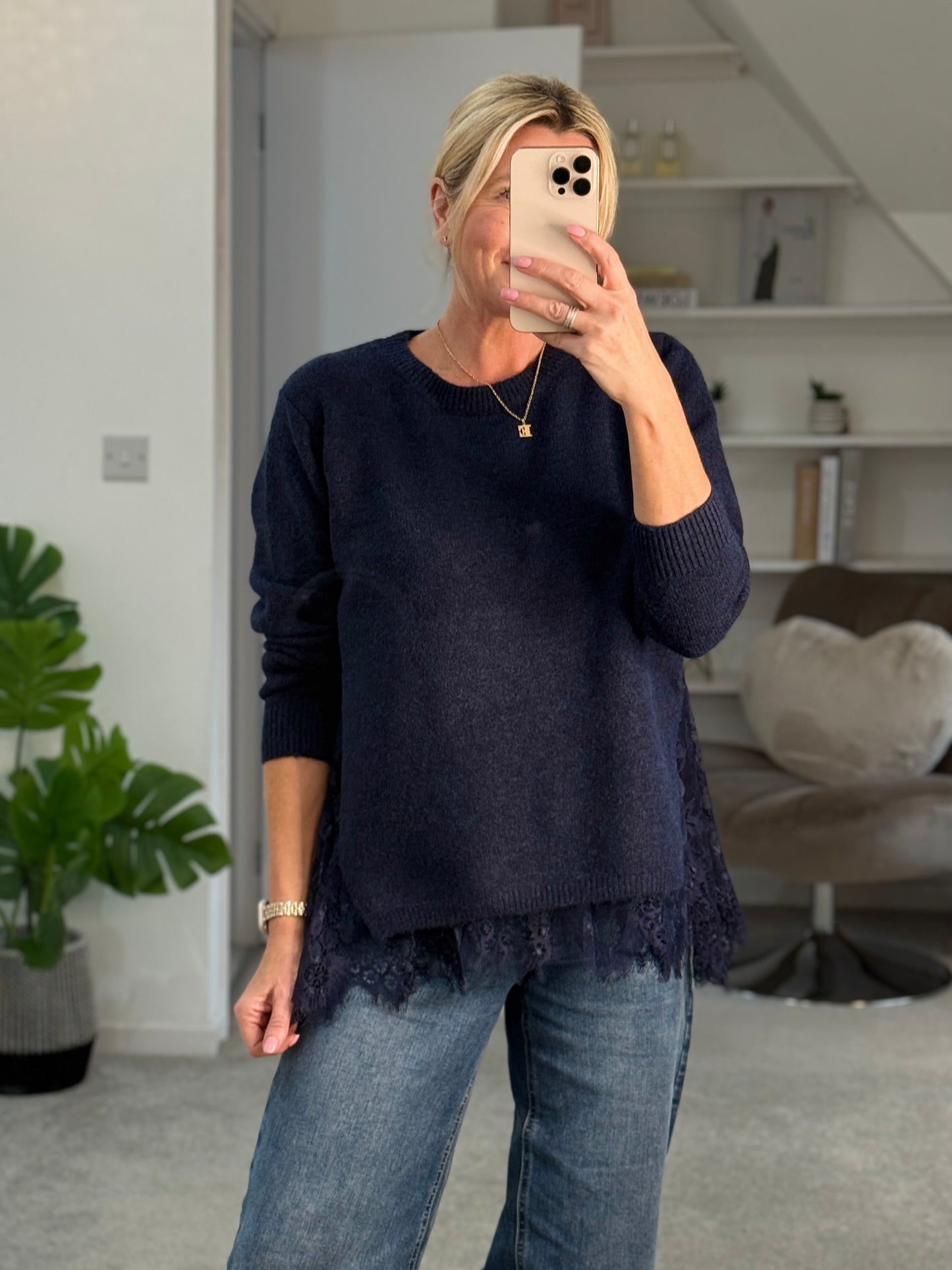 Navy Lace Hem Jumper
