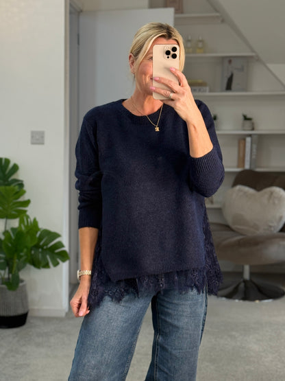 Navy Lace Hem Jumper