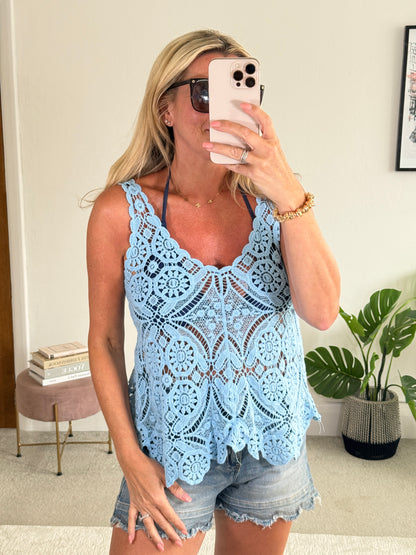 Sky Blue Cotton Crochet V-Neck Vest Top