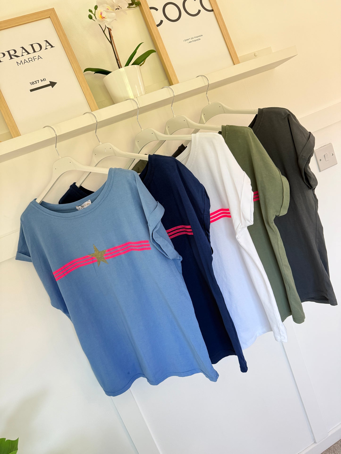 Khaki With Pink Stripe & Star T Shirt