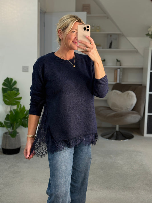Navy Lace Hem Jumper