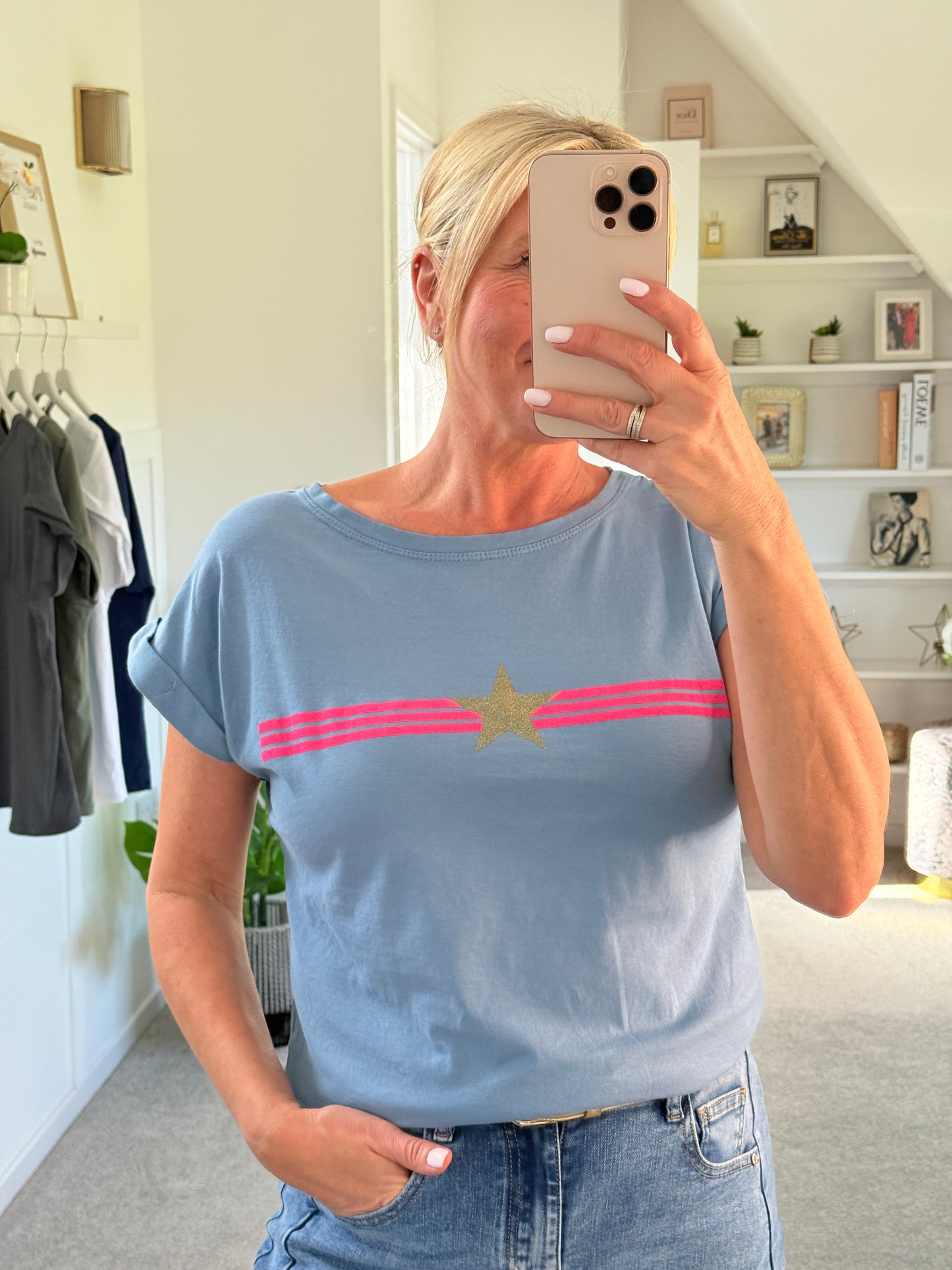 Denim Blue With Pink Stripe & Star T Shirt