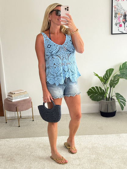 Sky Blue Cotton Crochet V-Neck Vest Top