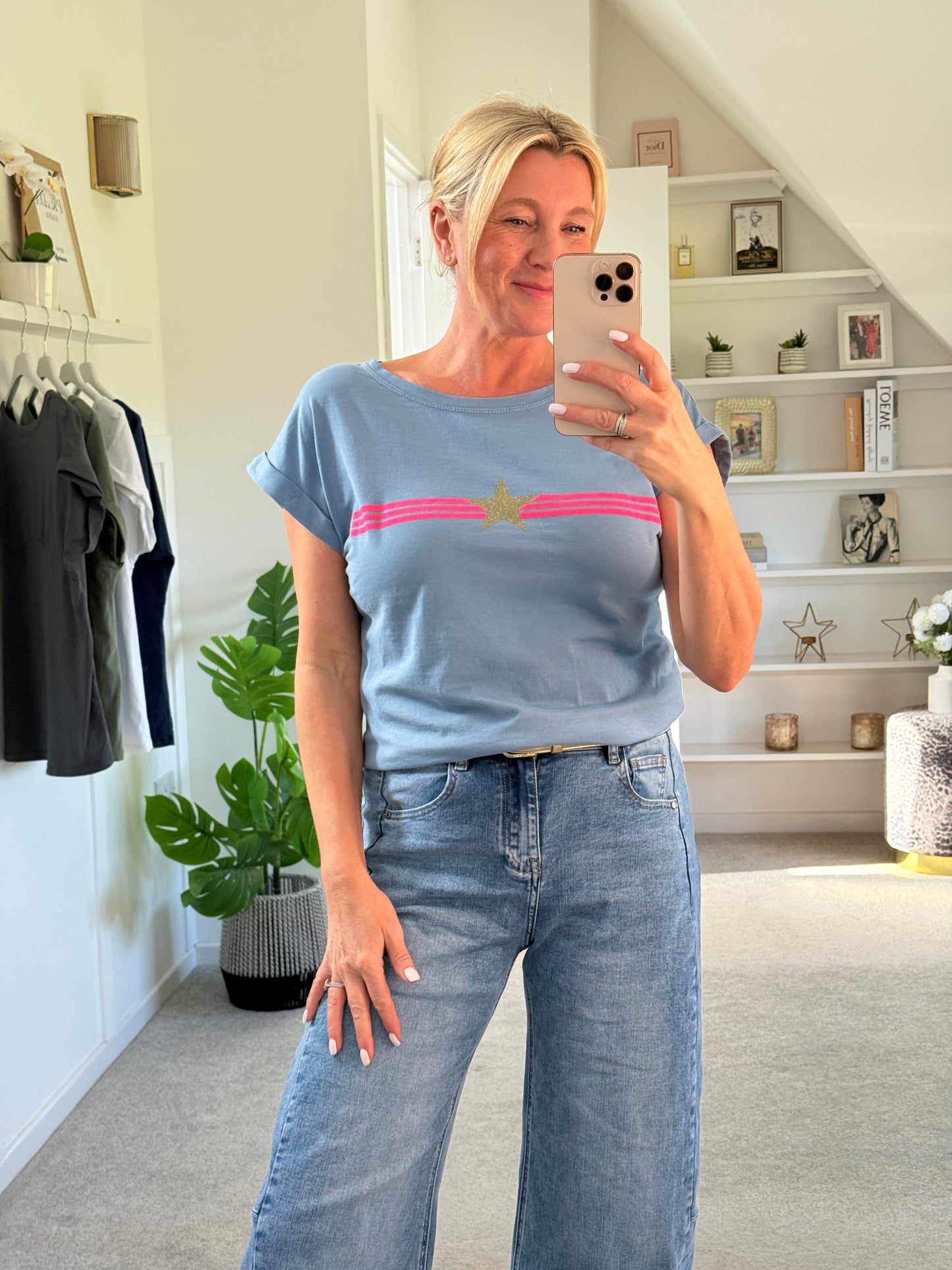 Denim Blue With Pink Stripe & Star T Shirt