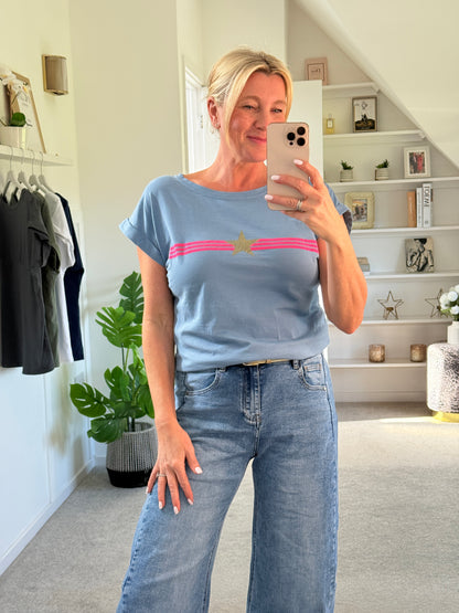 Denim Blue With Pink Stripe & Star T Shirt