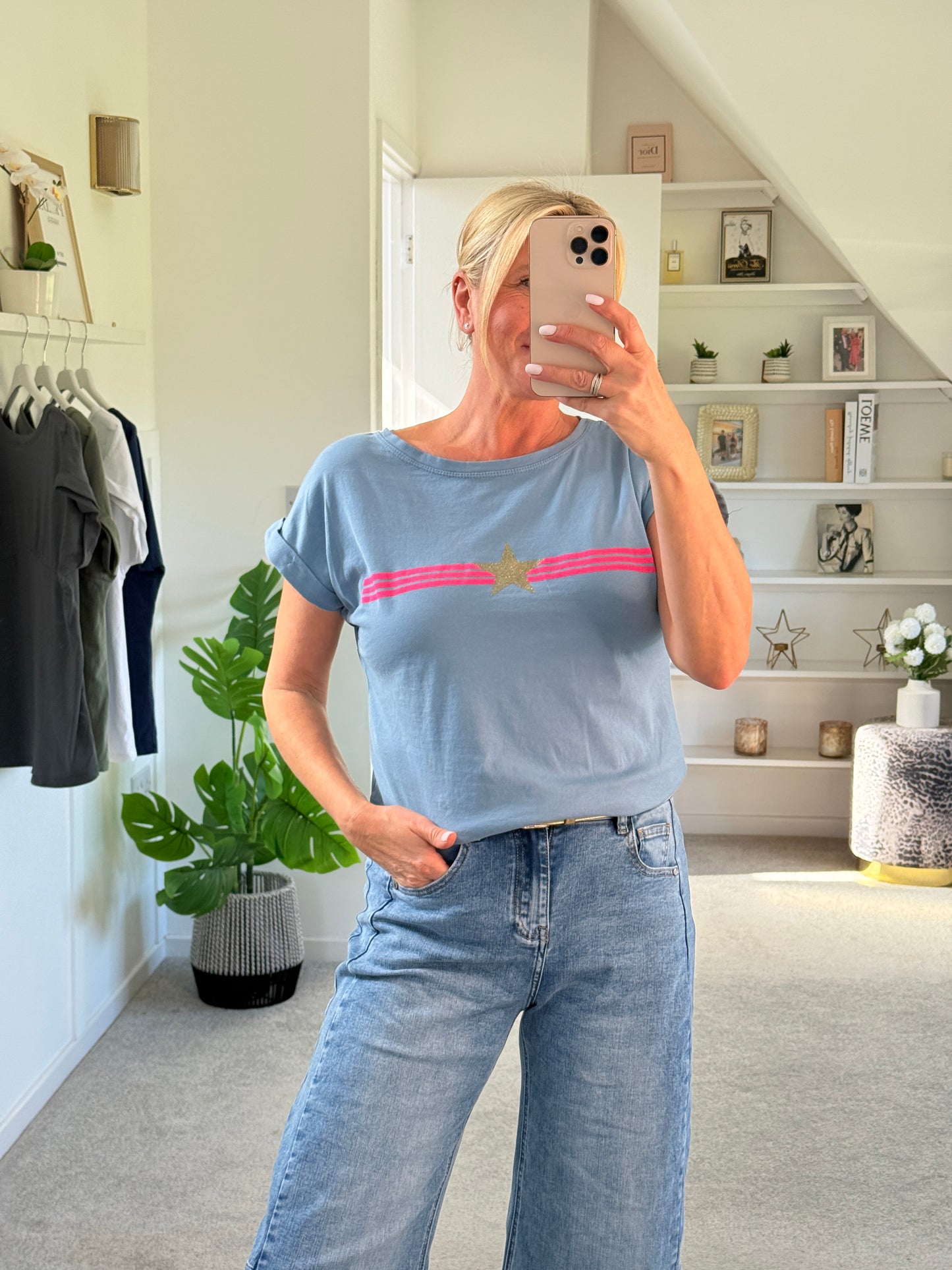 Denim Blue With Pink Stripe & Star T Shirt