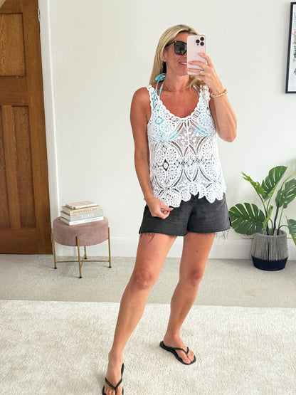 White Cotton Crochet V-Neck Vest Top