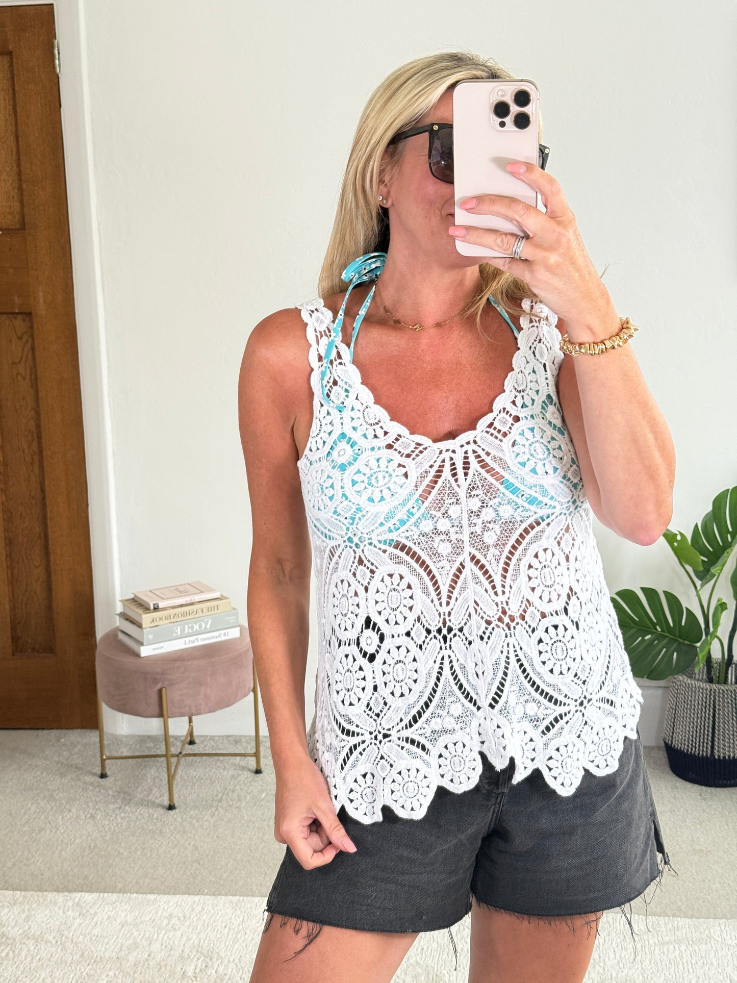 White Cotton Crochet V-Neck Vest Top
